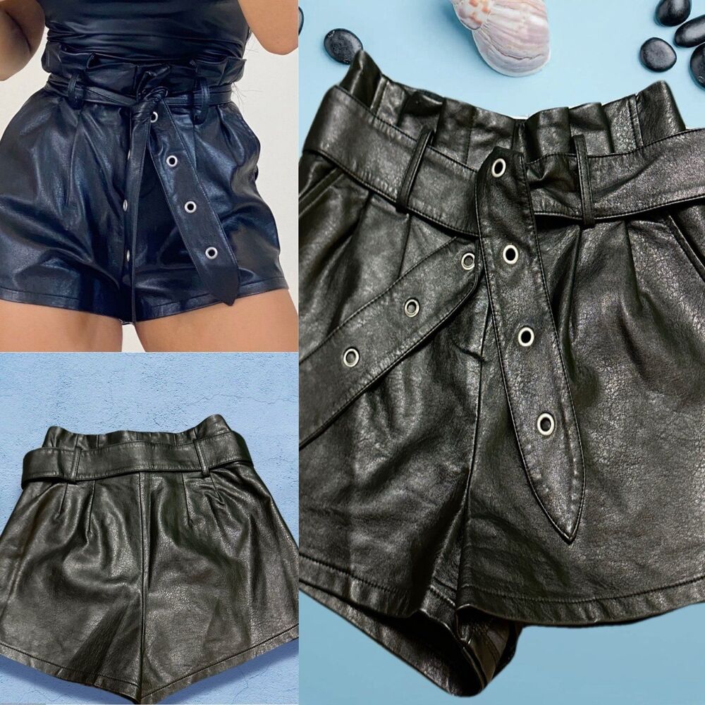 Honey Punch Black High-Waist Faux Leather Paperbag Shorts with Grommet Belt S